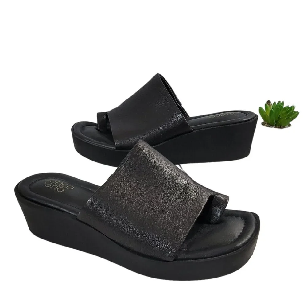 Franco Sarto Womens Black Cessa Wedge Sandals Slide Leather Upper Size 9.5M - Picture 1 of 10